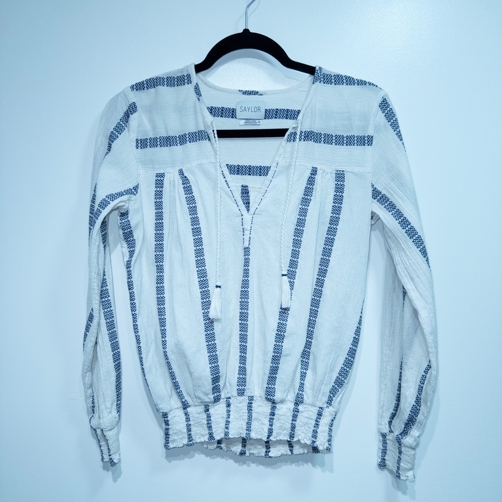 Saylor White & Blue‎ Stripe Smocked Hem Cotton Peasant Top Size XS